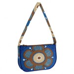 Sinisävyinen beigekukkalaukku